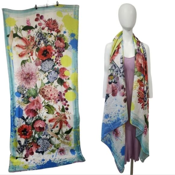 XL Exotic Floral Paint Splatter Print Scarf - Picture 1 of 10